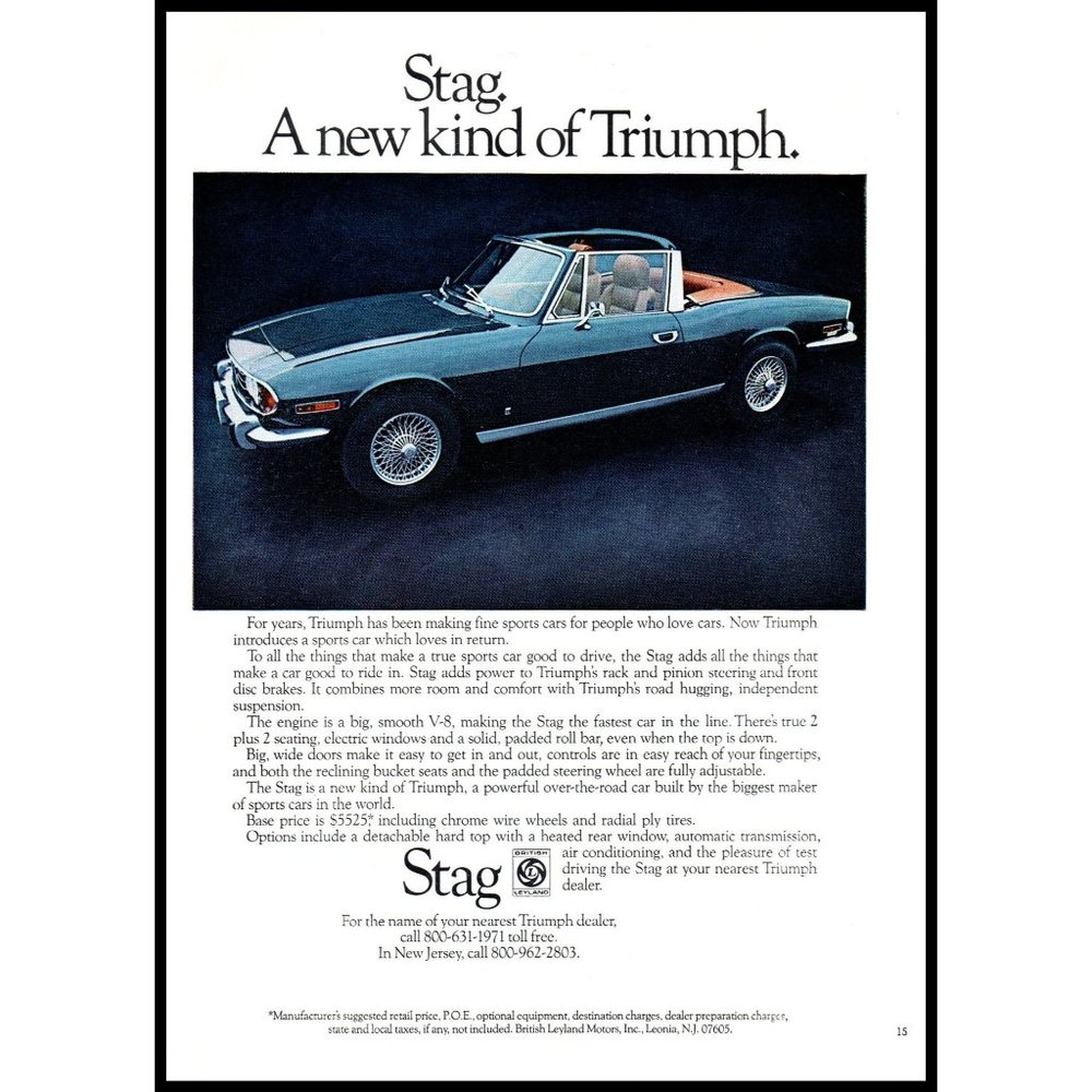 1971 Triumph Stag 2 Door Convertible Vintage Print Ad Classic Sports Car Art